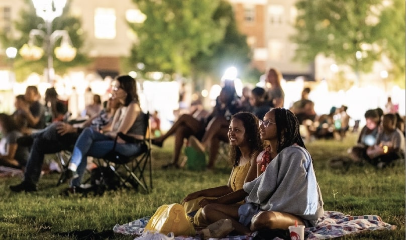 People sitting on blankets in a park all looking towards the same direction.